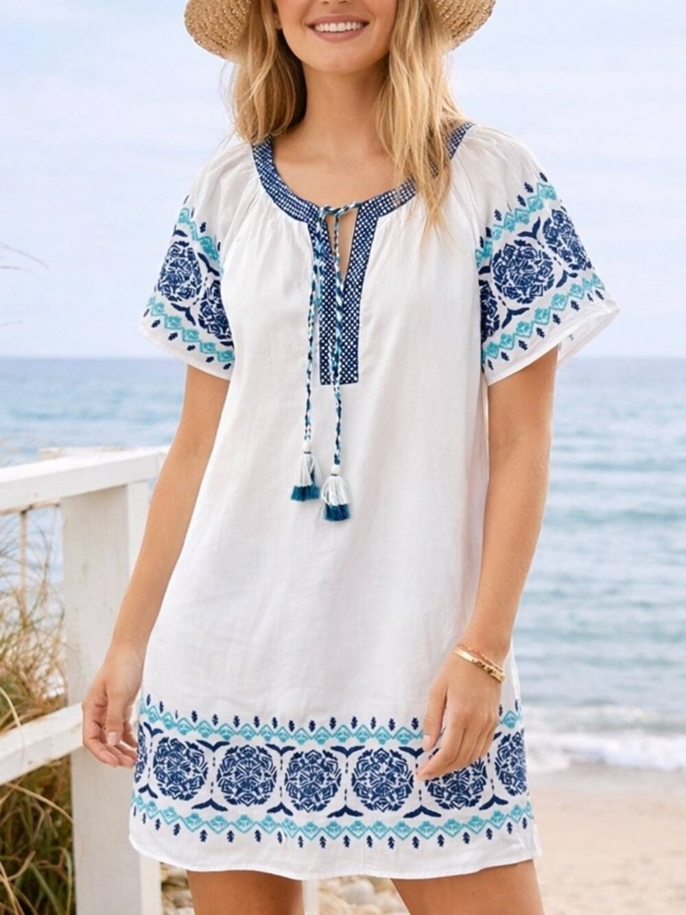 Vineyard Vines Embroidered Cotton Popover Dress White Blue Shift Medium